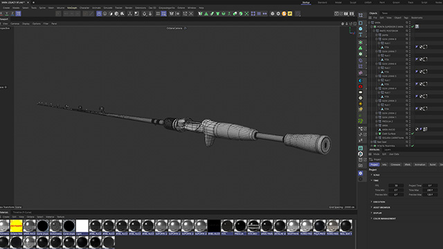 Bastidores — wireframe da Vara Legacy no viewport Cinema 4D